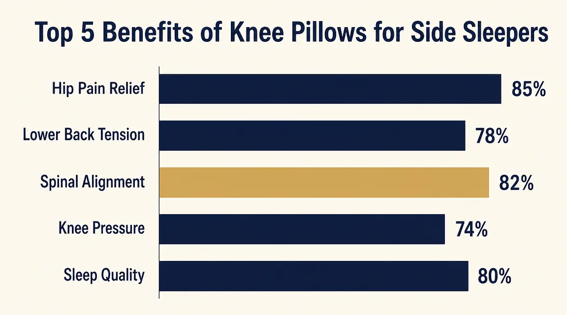 Diagram comparing hip and spine alignment with and without a knee pillow while side sleeping