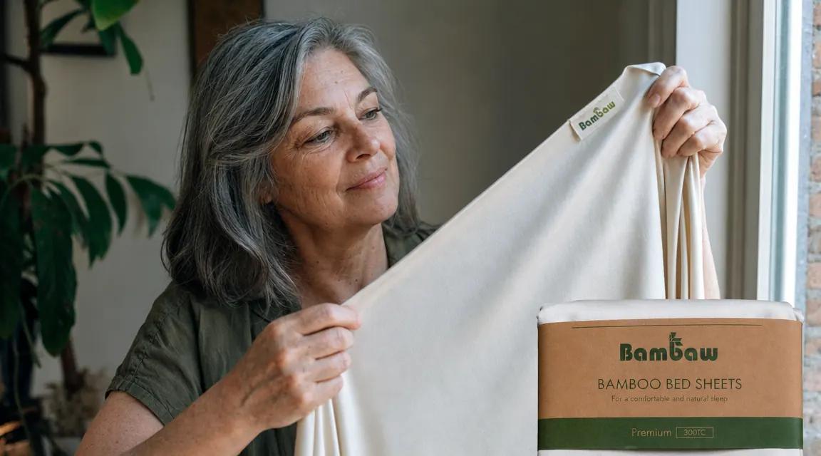 Close-up of Bambaw bamboo sheet texture showing silky smooth fabric with a hand smoothing the surface