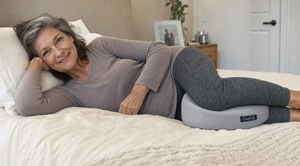 ComfiLife orthopedic knee pillow placed between two knees on a bed with white sheets