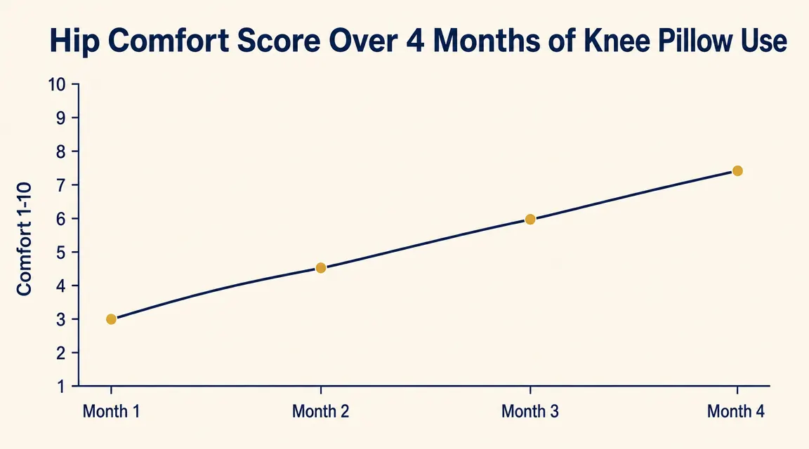 Simple line chart showing hip pain score improving from 7 out of 10 in week one down to 2 out of 10 by week sixteen