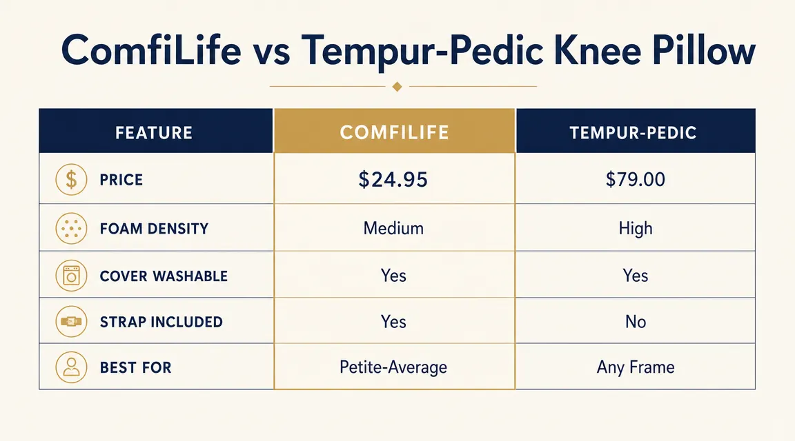 Price comparison chart showing ComfiLife under thirty dollars versus Tempur-Pedic over one hundred dollars