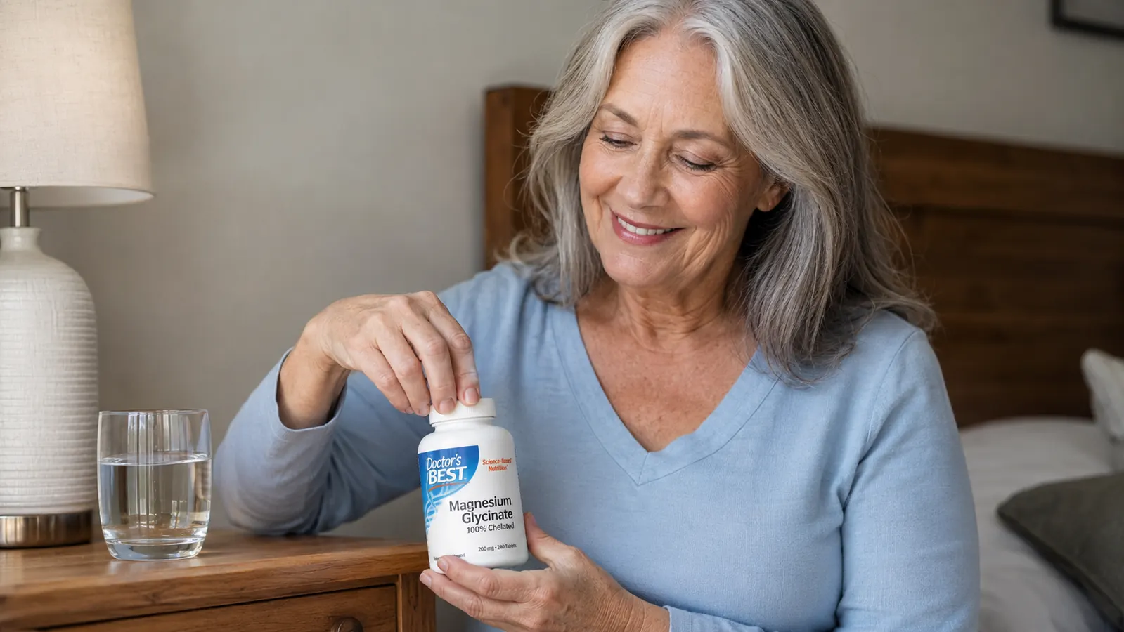 Hand placing a white supplement tablet into a small glass of water on a wooden kitchen counter