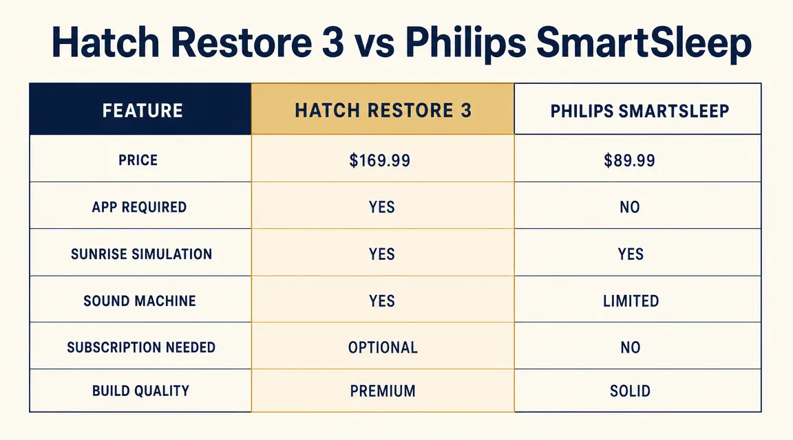 Side-by-side comparison chart of Hatch Restore 3 versus Philips SmartSleep showing key feature differences