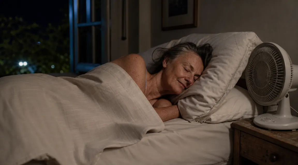 Older woman sleeping peacefully in a cool, dimly lit bedroom with soft sheets pulled up