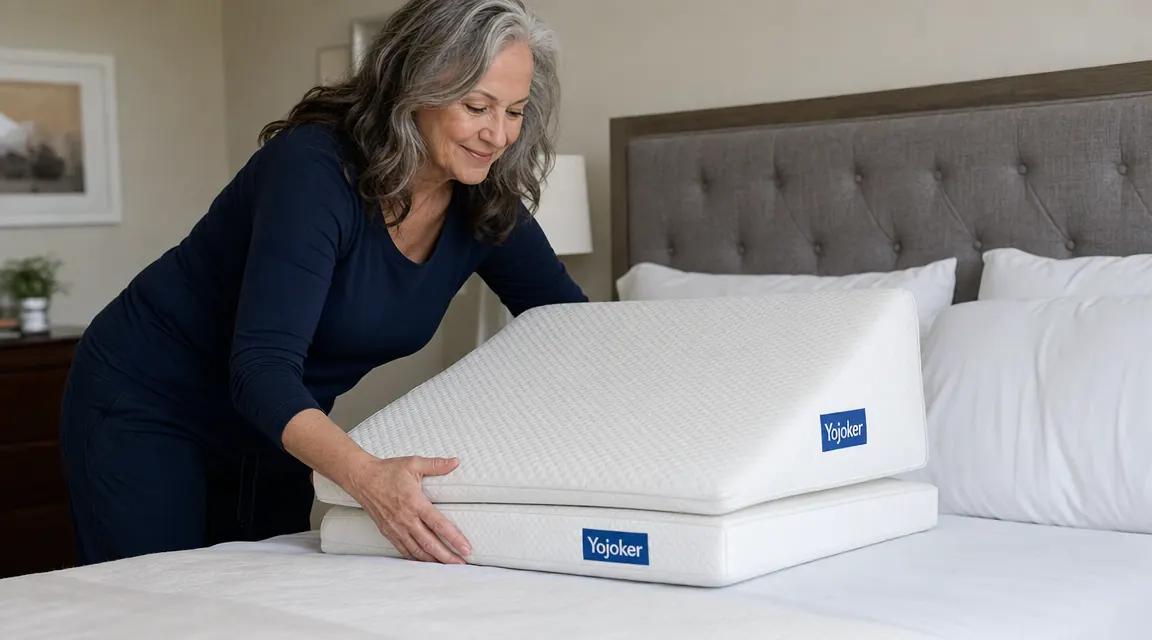 Close-up of a wedge pillow set on a bed with a standard pillow layered on top of the slope