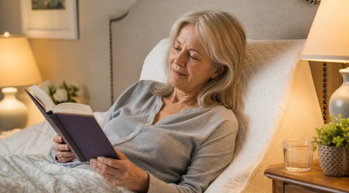 Woman sleeping comfortably on her left side on a wedge pillow, eyes closed, relaxed