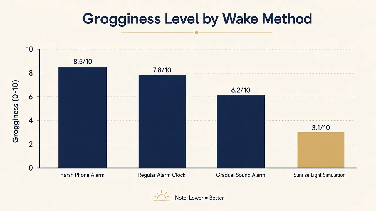 Chart showing sleep inertia levels dropping when waking with gradual light versus a sudden alarm